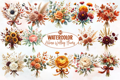 Watercolor Autumn Wedding Flowers Clipart Bundle Fall Floral PNG