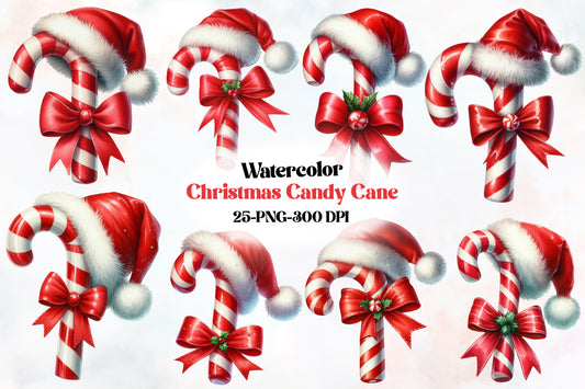 Watercolor Christmas Candy Cane Clipart PNG Bundle | Santa Hat Candy Cane & Red Bow | Christmas Sublimation