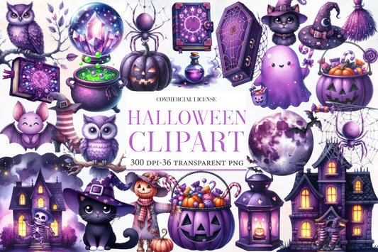 Halloween Clipart PNG Bundle | Purple Witch, Owl, Cat, Ghost, Bat, Pumpkin & Haunted House PNG