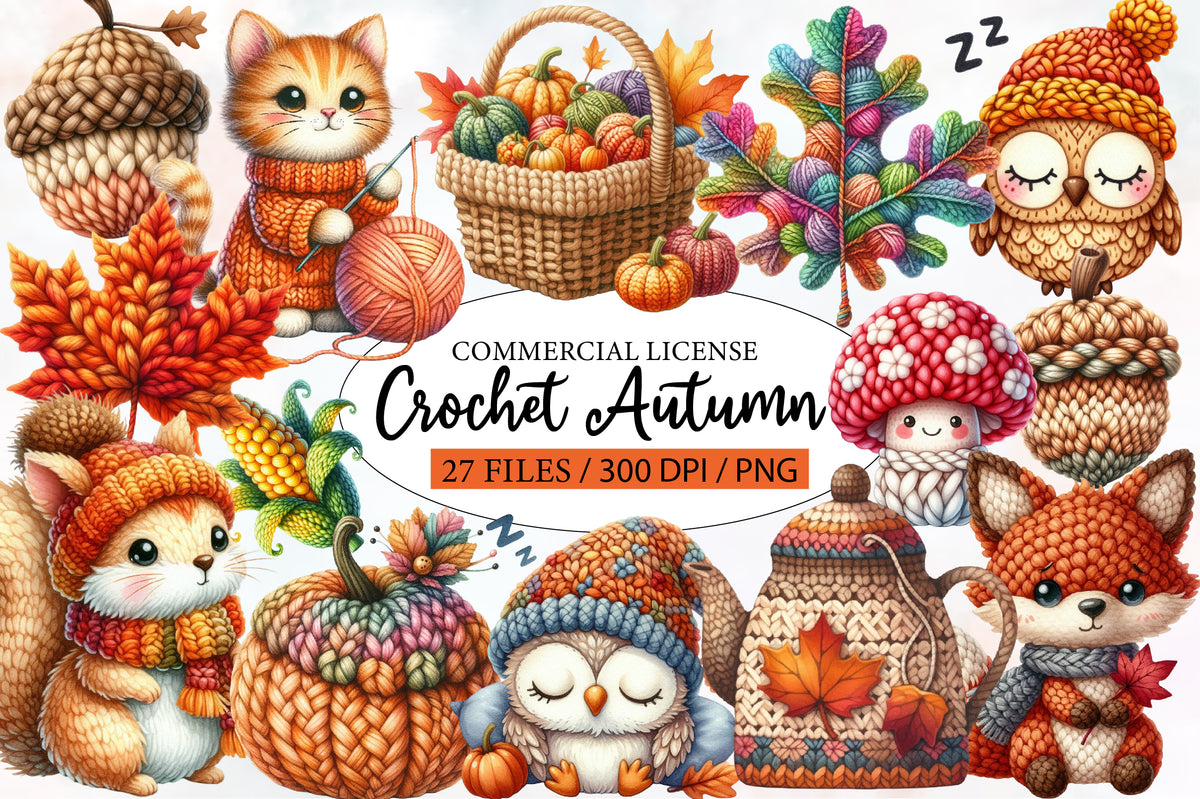 Crochet Autumn Watercolor Clipart PNG Bundle | Cute Fall Crochet Animals | Autumn Sublimation