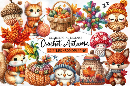 Crochet Autumn Watercolor Clipart PNG Bundle | Cute Fall Crochet Animals | Autumn Sublimation