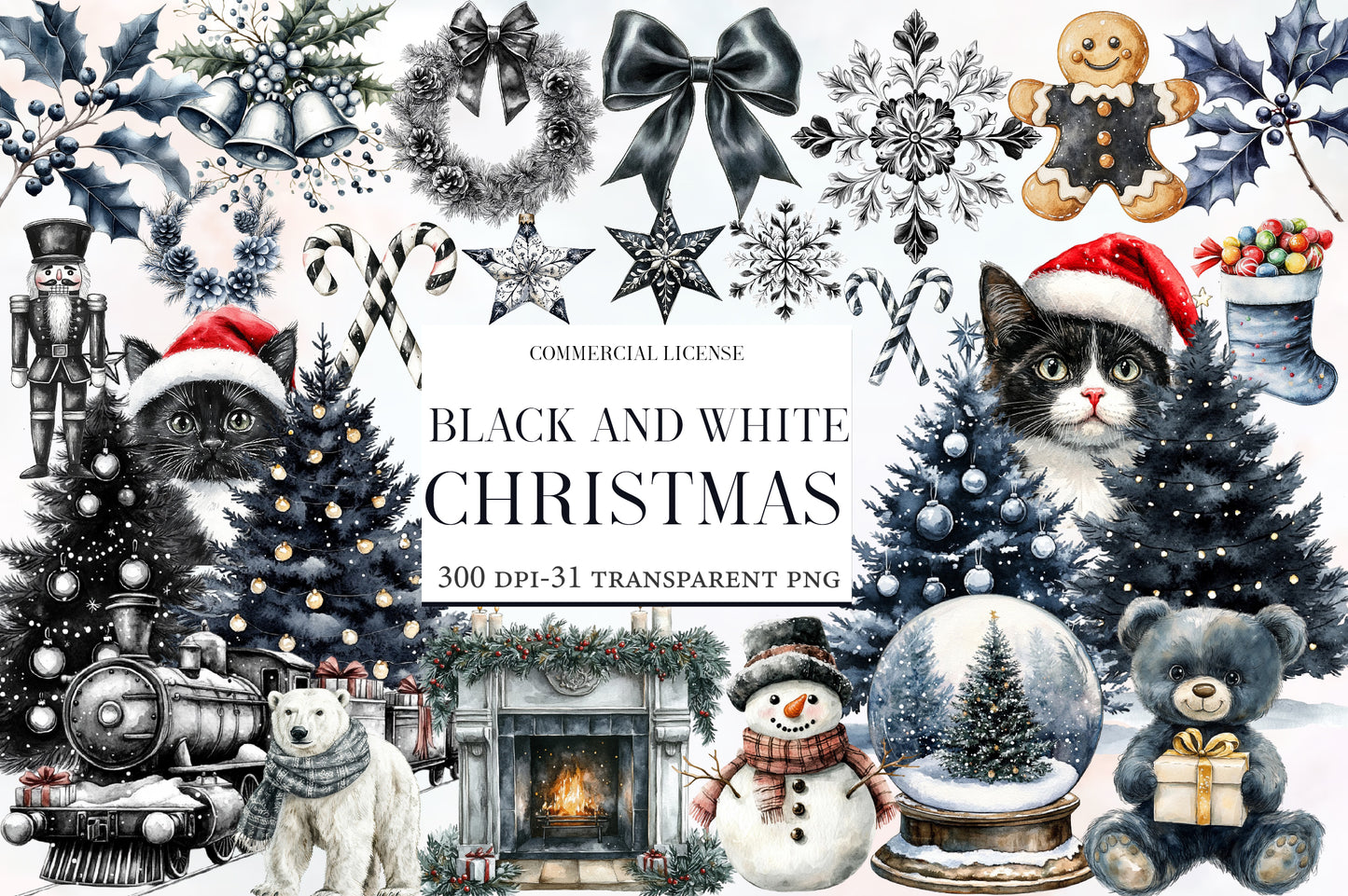 Black and White Christmas Clipart PNG Bundle | Elegant Monochrome Holiday Watercolor Clipart | Minimalist Christmas PNG