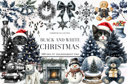 Black and White Christmas Clipart PNG Bundle | Elegant Monochrome Holiday Watercolor Clipart | Minimalist Christmas PNG