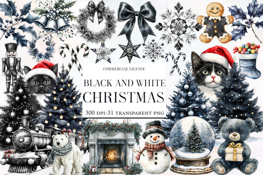 Black and White Christmas Clipart PNG Bundle | Elegant Monochrome Holiday Watercolor Clipart | Minimalist Christmas PNG