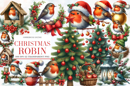 Christmas Robin Watercolor Clipart PNG Bundle | Cute Christmas Bird Clipart | Holiday Sublimation