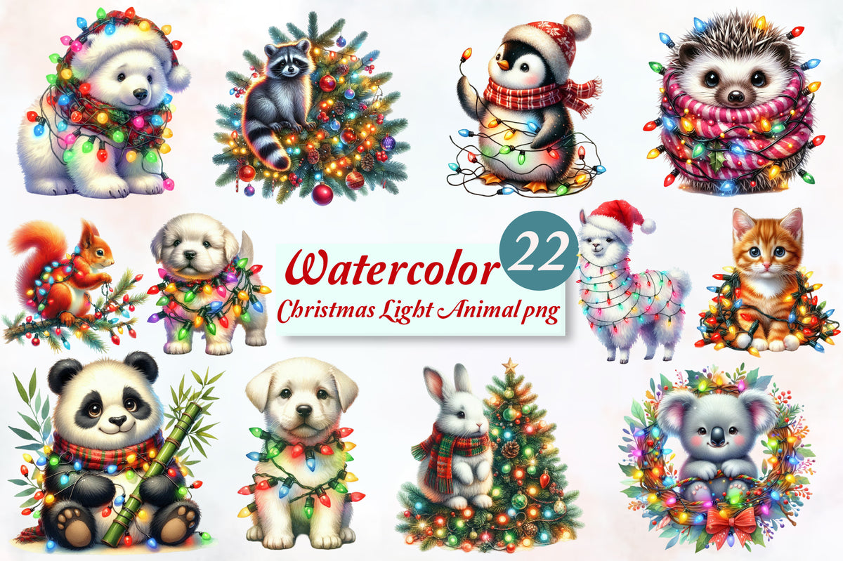 22 Christmas Light Animal PNG Watercolor Clipart Bundle Holiday Animals