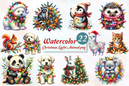 22 Christmas Light Animal PNG Watercolor Clipart Bundle Holiday Animals