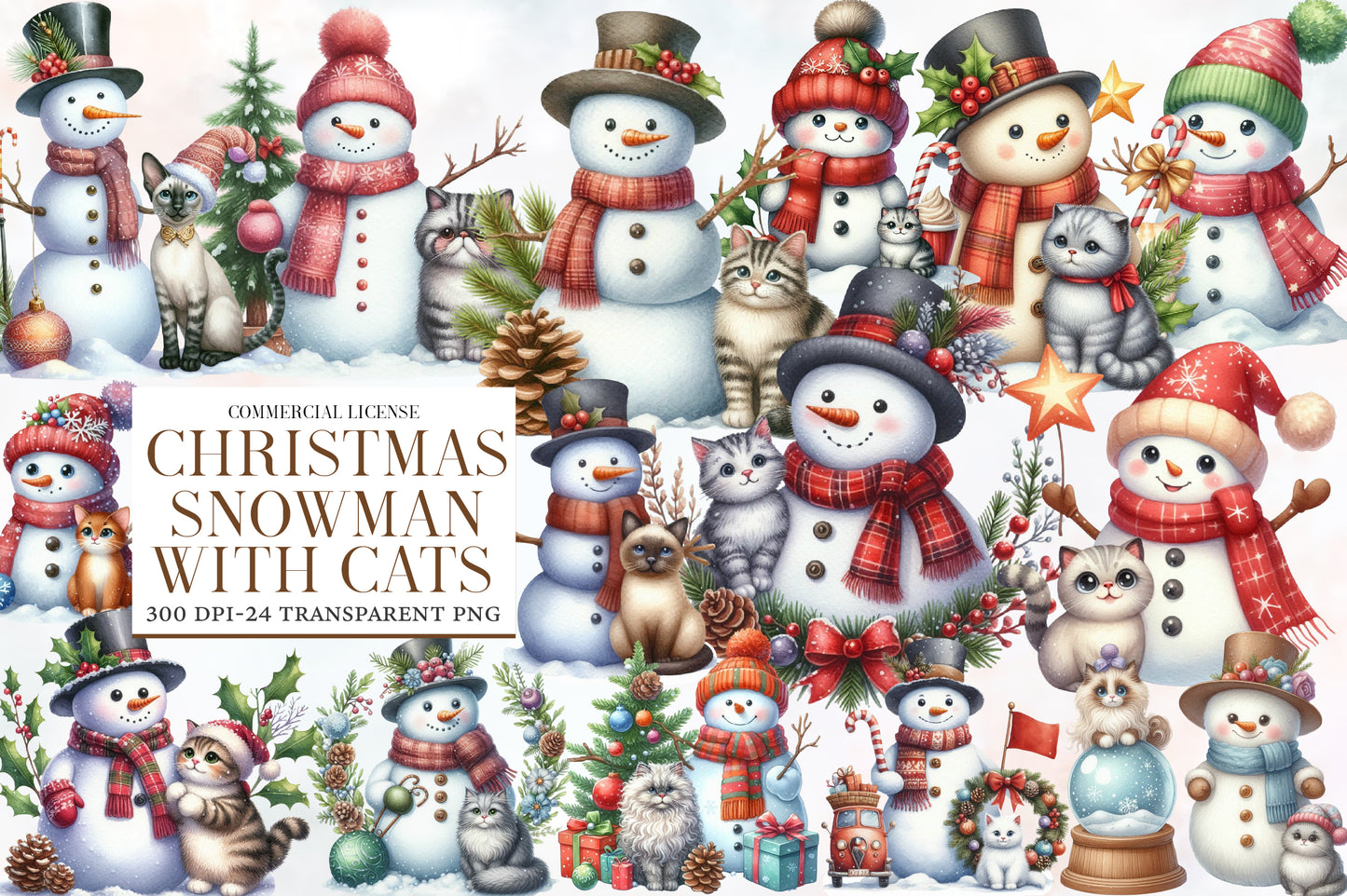 Christmas Snowman with Cats Sublimation PNG Bundle | Cute Watercolor Snowman & Cat Christmas Clipart | Winter Holiday PNG