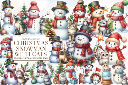 Christmas Snowman with Cats Sublimation PNG Bundle | Cute Watercolor Snowman & Cat Christmas Clipart | Winter Holiday PNG