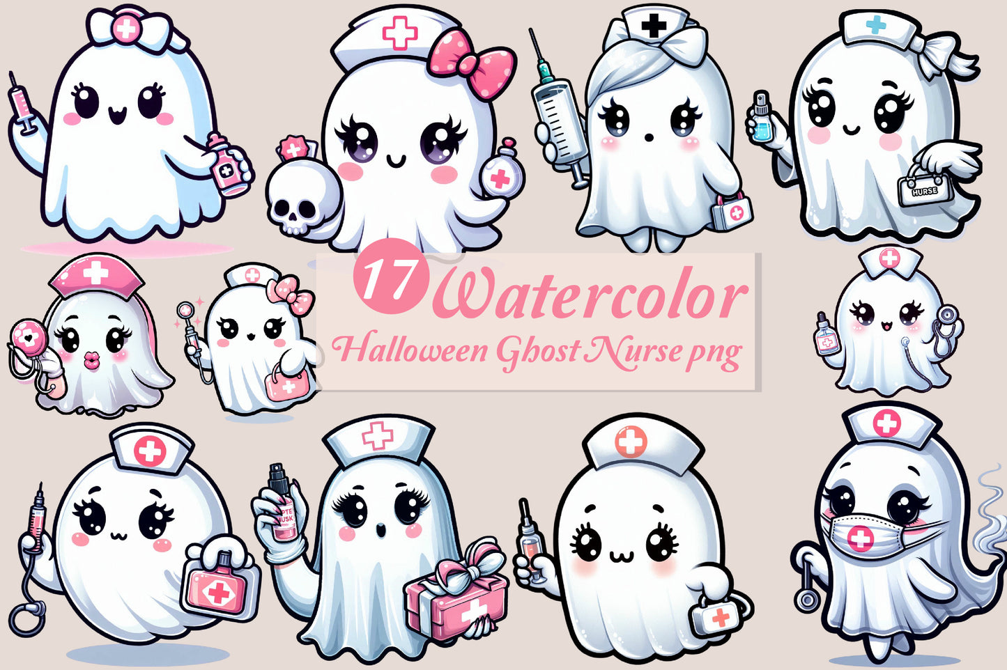 17 Watercolor Halloween Ghost Nurse PNG Bundle Cute Spooky Medical Clipart