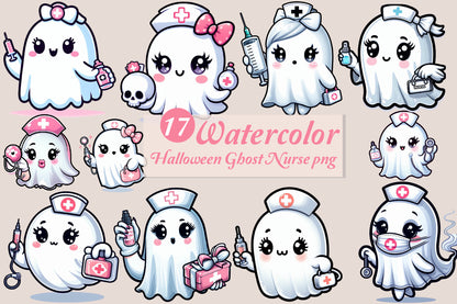 17 Watercolor Halloween Ghost Nurse PNG Bundle Cute Spooky Medical Clipart