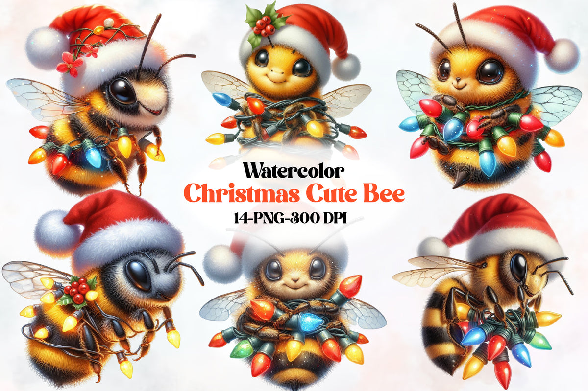 14 Christmas Bee PNG Clipart Bundle Watercolor Santa Bee Holiday Insect