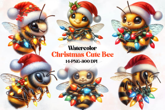 14 Christmas Bee PNG Clipart Bundle Watercolor Santa Bee Holiday Insect