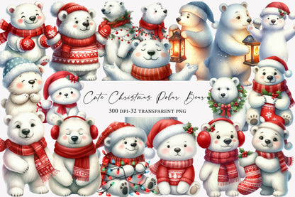 Cute Christmas Polar Bear Clipart PNG Bundle | Polar Bear, Santa Bear, Winter Bear, Christmas Lights & Holiday Animals