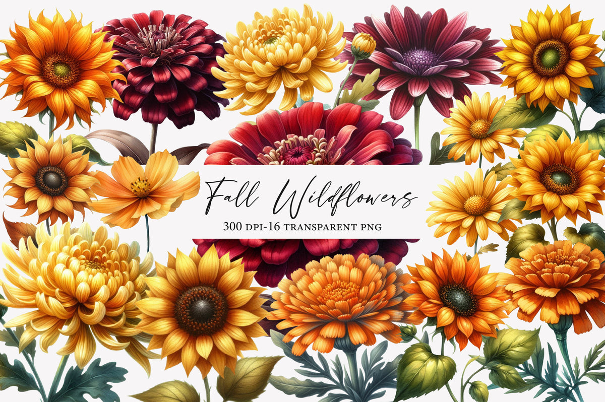 Fall Wildflowers Clipart PNG Bundle | Autumn Wildflower Clipart, Rustic Floral PNG,