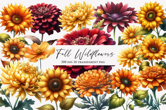 Fall Wildflowers Clipart PNG Bundle | Autumn Wildflower Clipart, Rustic Floral PNG,