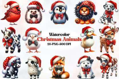 28 Christmas Animals PNG Clipart Bundle Watercolor Cute Santa Hat Holiday