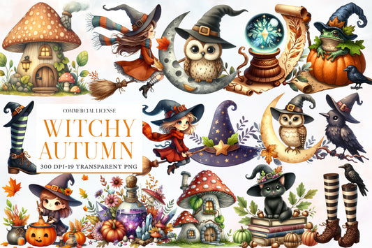 Witchy Autumn PNG Bundle | Cute Halloween Witch Clipart, Owl, Black Cat, Mushroom & Pumpkin PNG