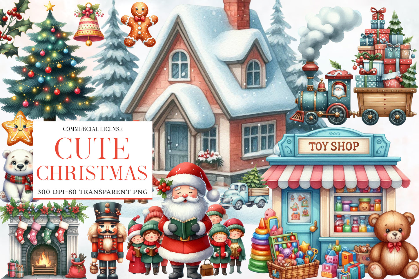Cute Christmas Clipart PNG Bundle | Christmas Watercolor Clipart | Cute Holiday Sublimation PNG