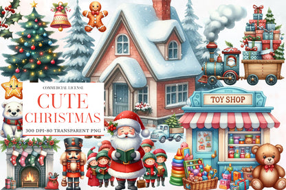 Cute Christmas Clipart PNG Bundle | Christmas Watercolor Clipart | Cute Holiday Sublimation PNG