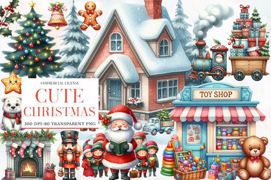 Cute Christmas Clipart PNG Bundle | Christmas Watercolor Clipart | Cute Holiday Sublimation PNG