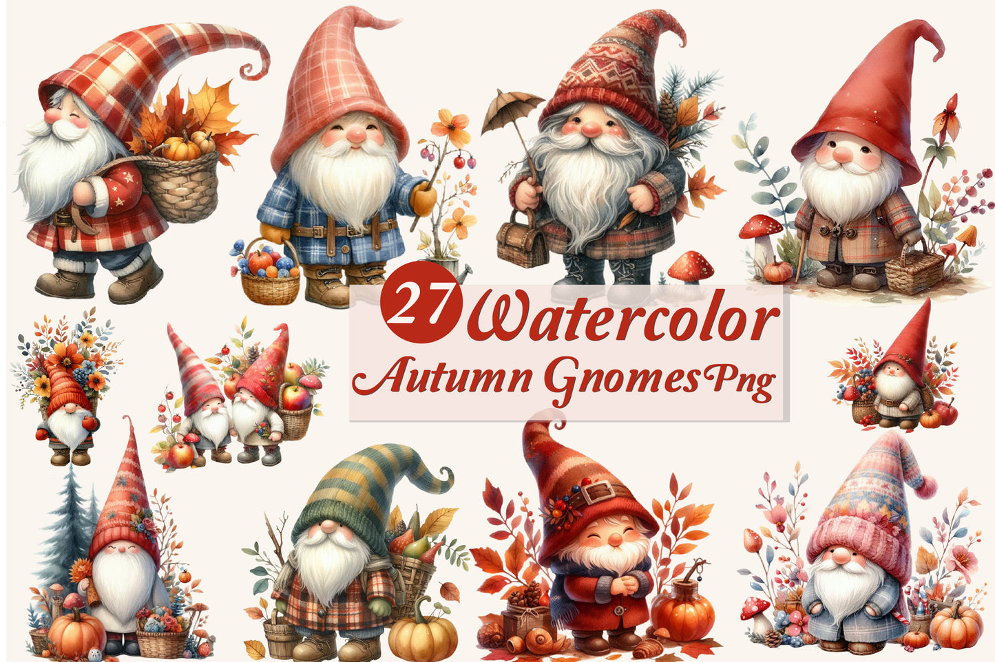 27 Watercolor Autumn Gnomes PNG Cute Fall Gnome Pumpkin Woodland Clipart