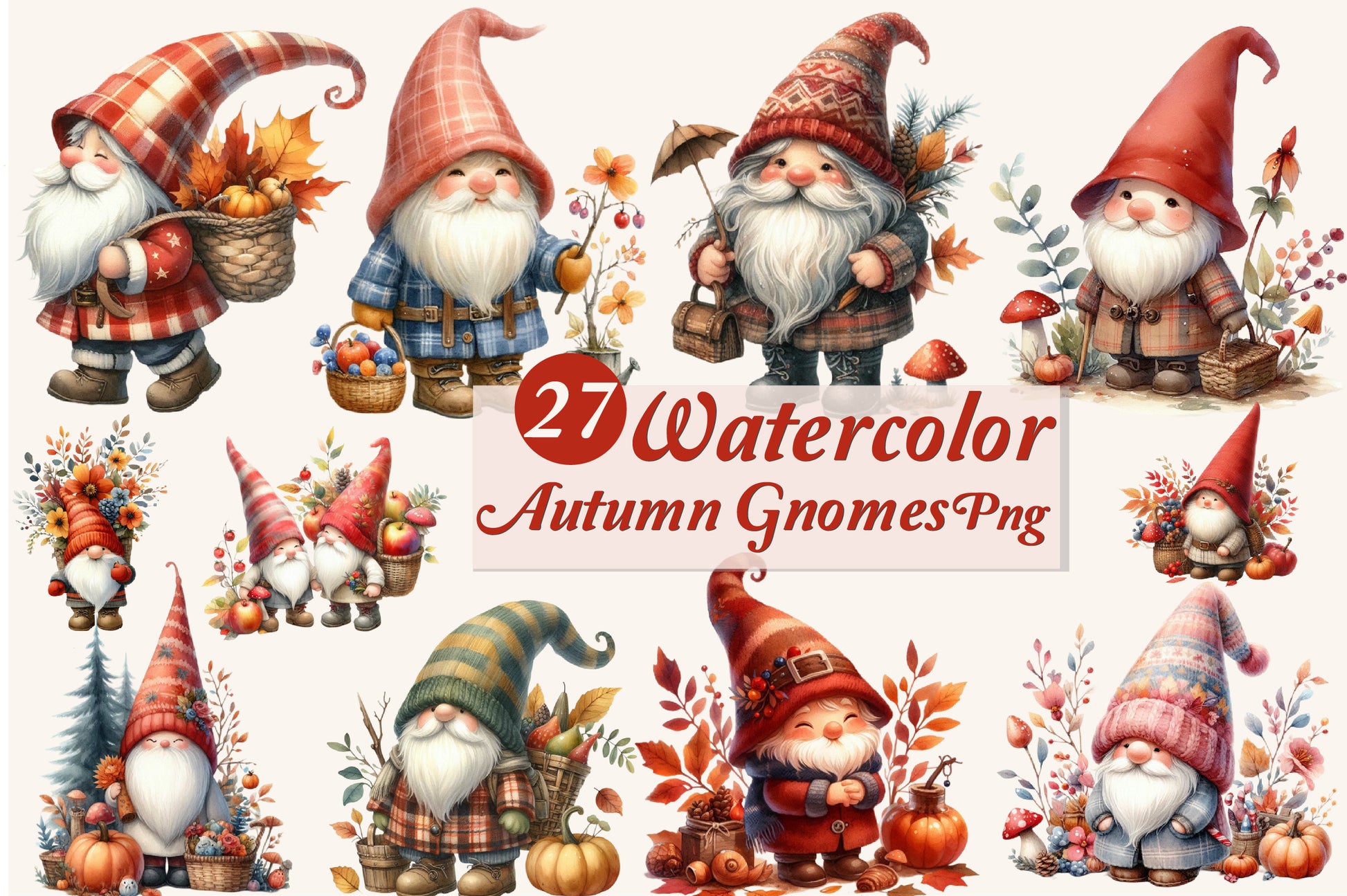 27 Watercolor Autumn Gnomes PNG Cute Fall Gnome Pumpkin Woodland Clipart