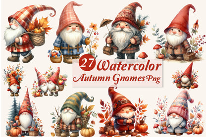 27 Watercolor Autumn Gnomes PNG Cute Fall Gnome Pumpkin Woodland Clipart