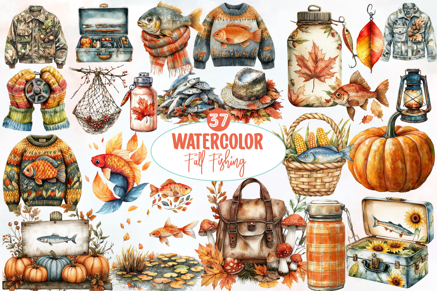Watercolor Fall Fishing Clipart Bundle 37 PNG