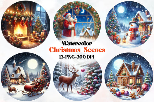 Watercolor Christmas Scenes PNG Bundle 13 Winter Holiday Clipart