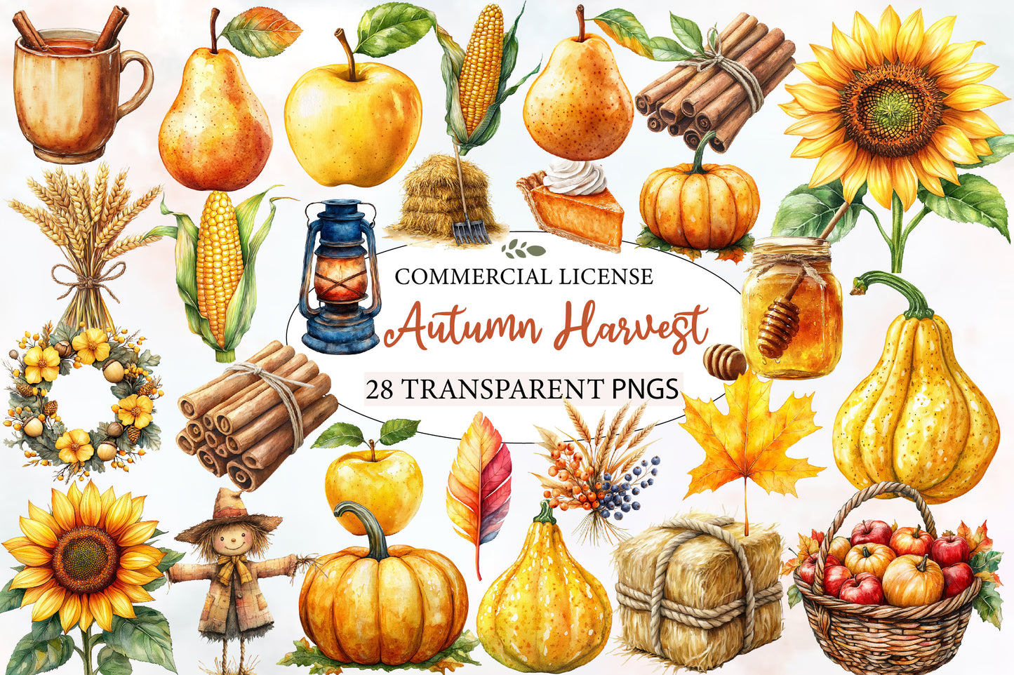 Autumn Harvest Clipart PNG Bundle | Fall Harvest Watercolor Clipart | Thanksgiving Sublimation PNG