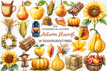 Autumn Harvest Clipart PNG Bundle | Fall Harvest Watercolor Clipart | Thanksgiving Sublimation PNG