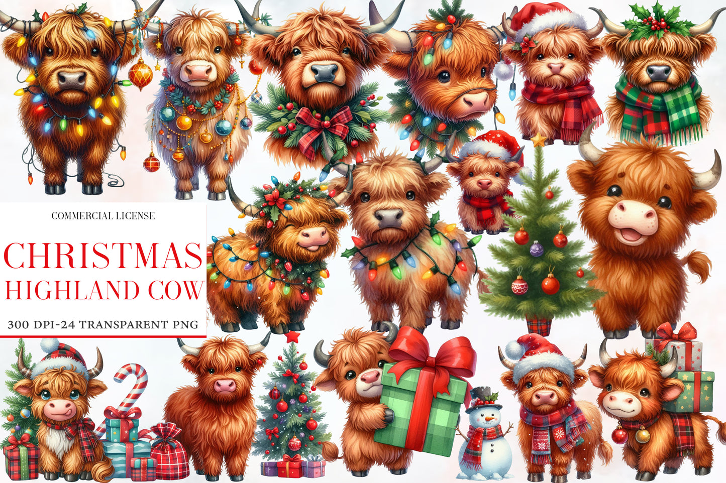 Christmas Highland Cow Clipart PNG Bundle | Watercolor Cute Christmas Highland Cow Clipart | Farmhouse Holiday Sublimation PNG