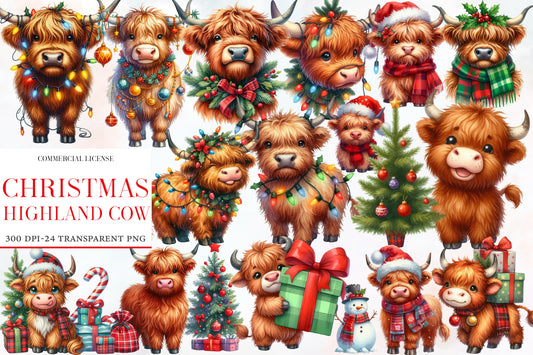 Christmas Highland Cow Clipart PNG Bundle | Watercolor Cute Christmas Highland Cow Clipart | Farmhouse Holiday Sublimation PNG
