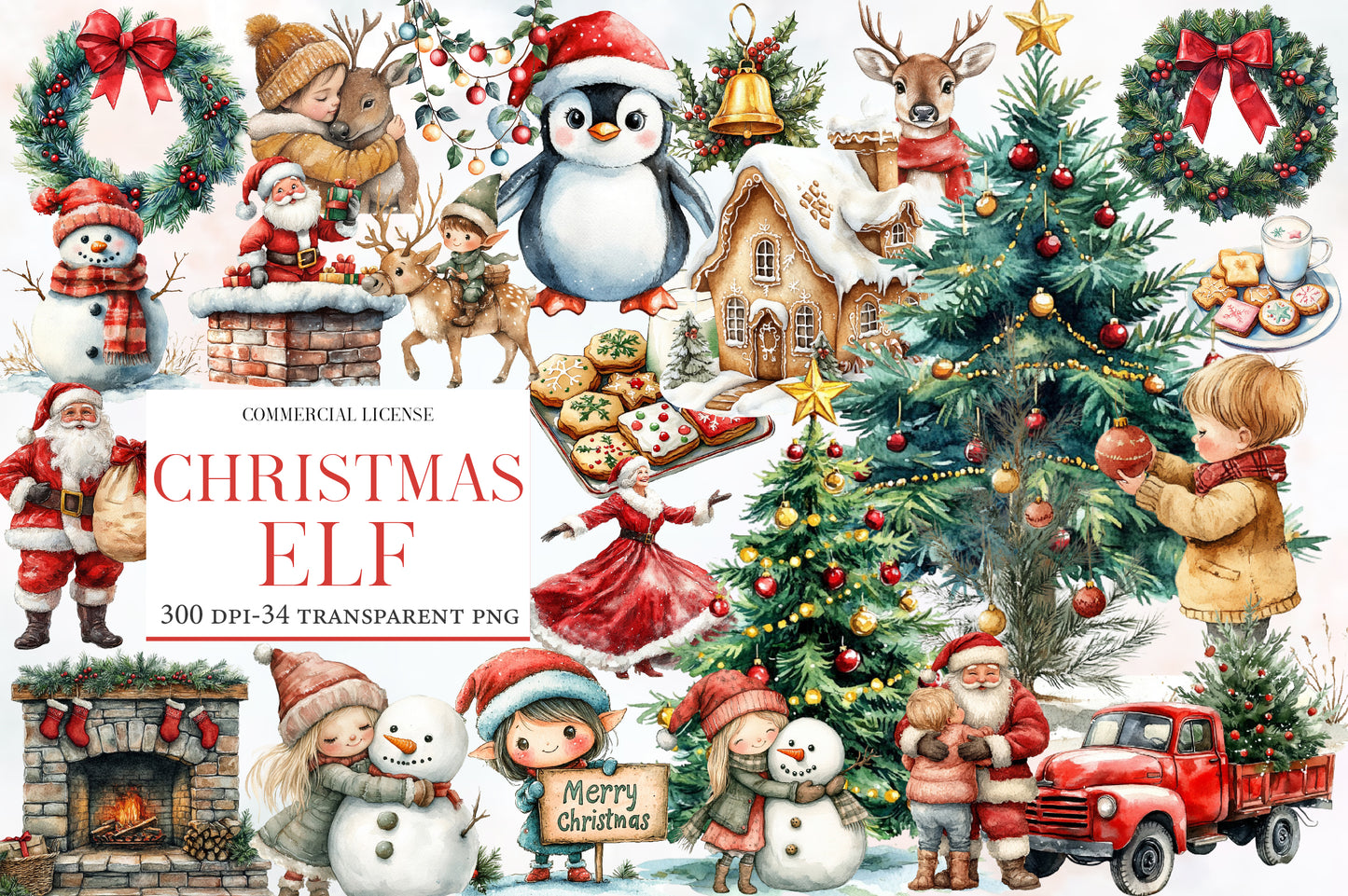 Christmas Elf Watercolor Clipart PNG Bundle | Cute Holiday Elf Watercolor Clipart | Christmas Sublimation PNG