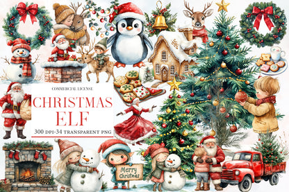 Christmas Elf Watercolor Clipart PNG Bundle | Cute Holiday Elf Watercolor Clipart | Christmas Sublimation PNG