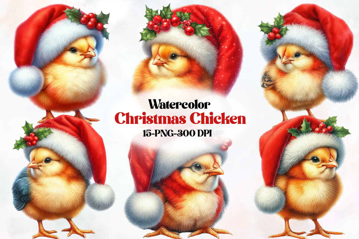 15 Christmas Chicken PNG Clipart Bundle Watercolor Santa Hat Holiday Chick