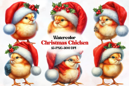 15 Christmas Chicken PNG Clipart Bundle Watercolor Santa Hat Holiday Chick
