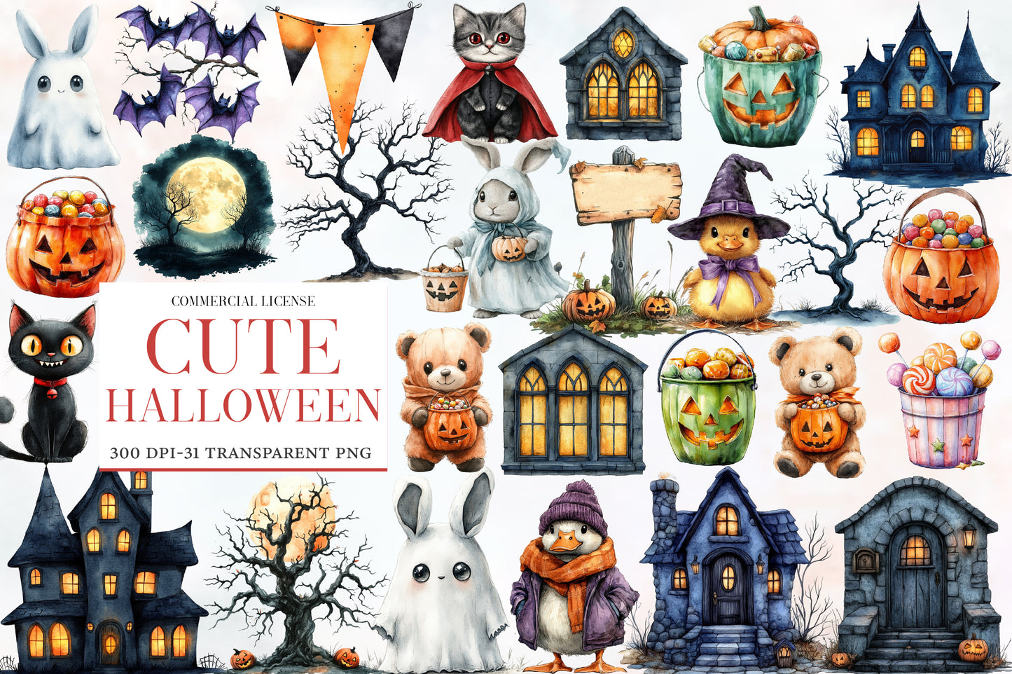 Cute Halloween Clipart PNG Bundle | Halloween Watercolor Clipart, Spooky Cute PNG