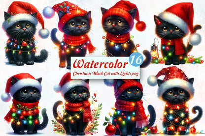 Christmas Black Cat with Lights PNG Clipart Bundle | Watercolor Black Cats with Christmas Lights, Santa Hats, Scarves & Holiday Decor