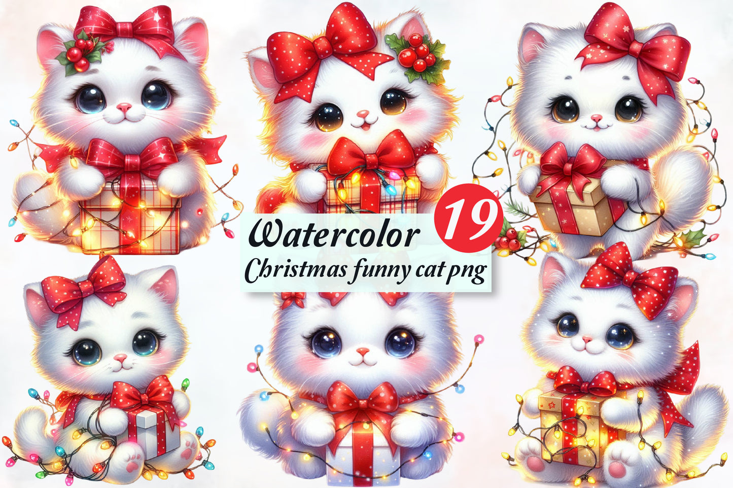 Watercolor Christmas Funny Cat PNG Bundle Cute Holiday Cat Clipart