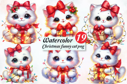 Watercolor Christmas Funny Cat PNG Bundle Cute Holiday Cat Clipart