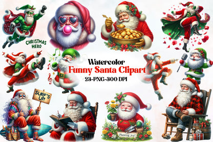 Funny Santa Christmas PNG Bundle 23 Watercolor Clipart