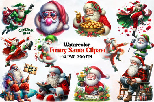 Funny Santa Christmas PNG Bundle 23 Watercolor Clipart