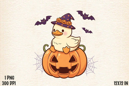 Cute Halloween Duck Pumpkin Witch Hat Bat PNG