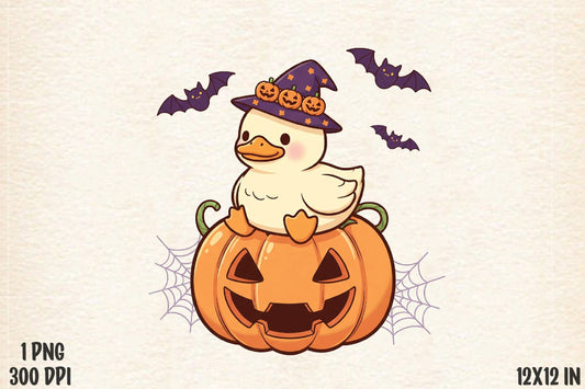 Cute Halloween Duck Pumpkin Witch Hat Bat PNG