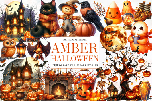 Watercolor Amber Halloween Set Clipart PNG Bundle | Vintage Pumpkin, Witch, Ghost, Black Cat & Autumn Spooky Elements