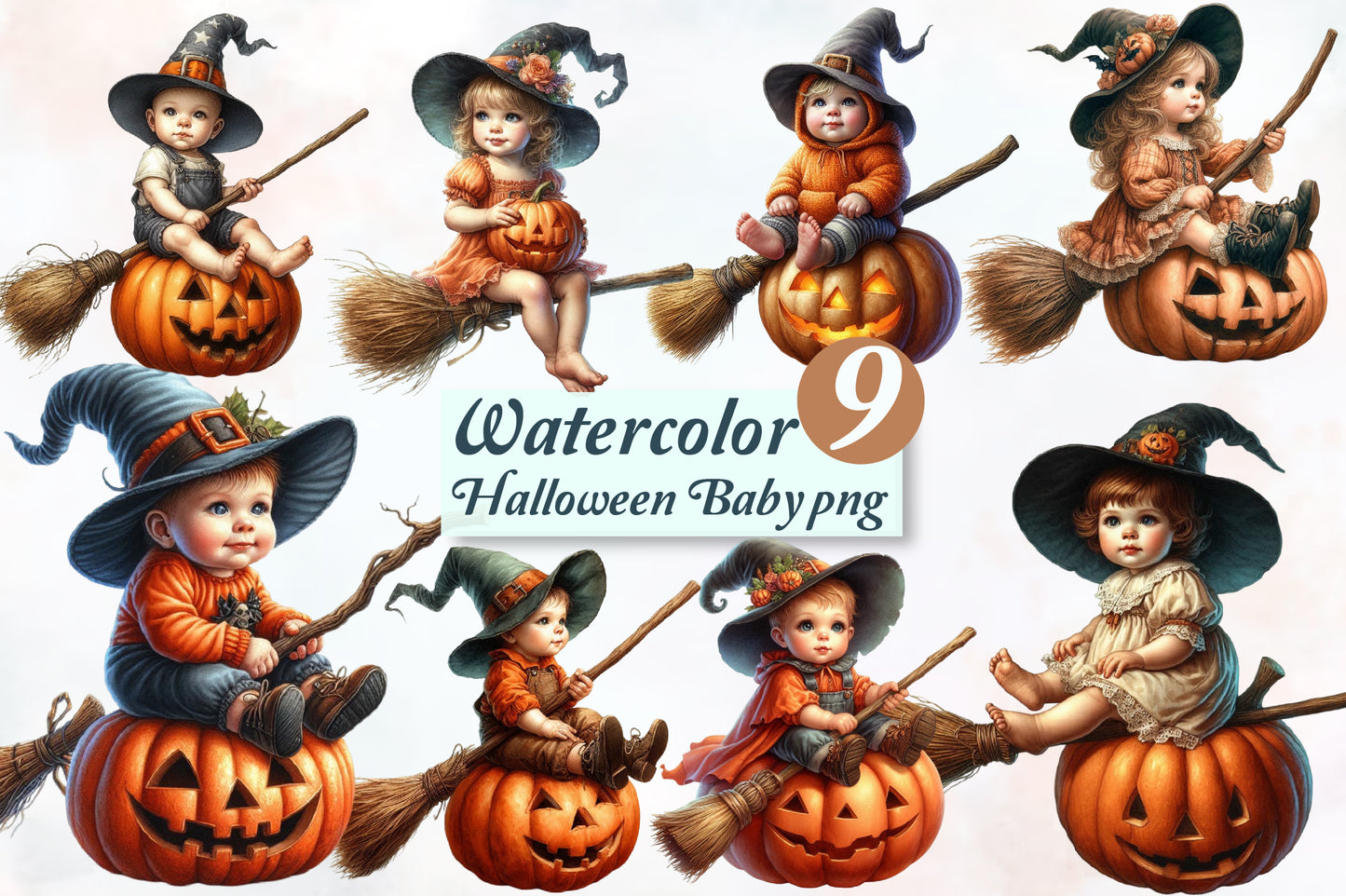 Halloween Baby PNG Bundle Cute Witch Baby Watercolor Clipart