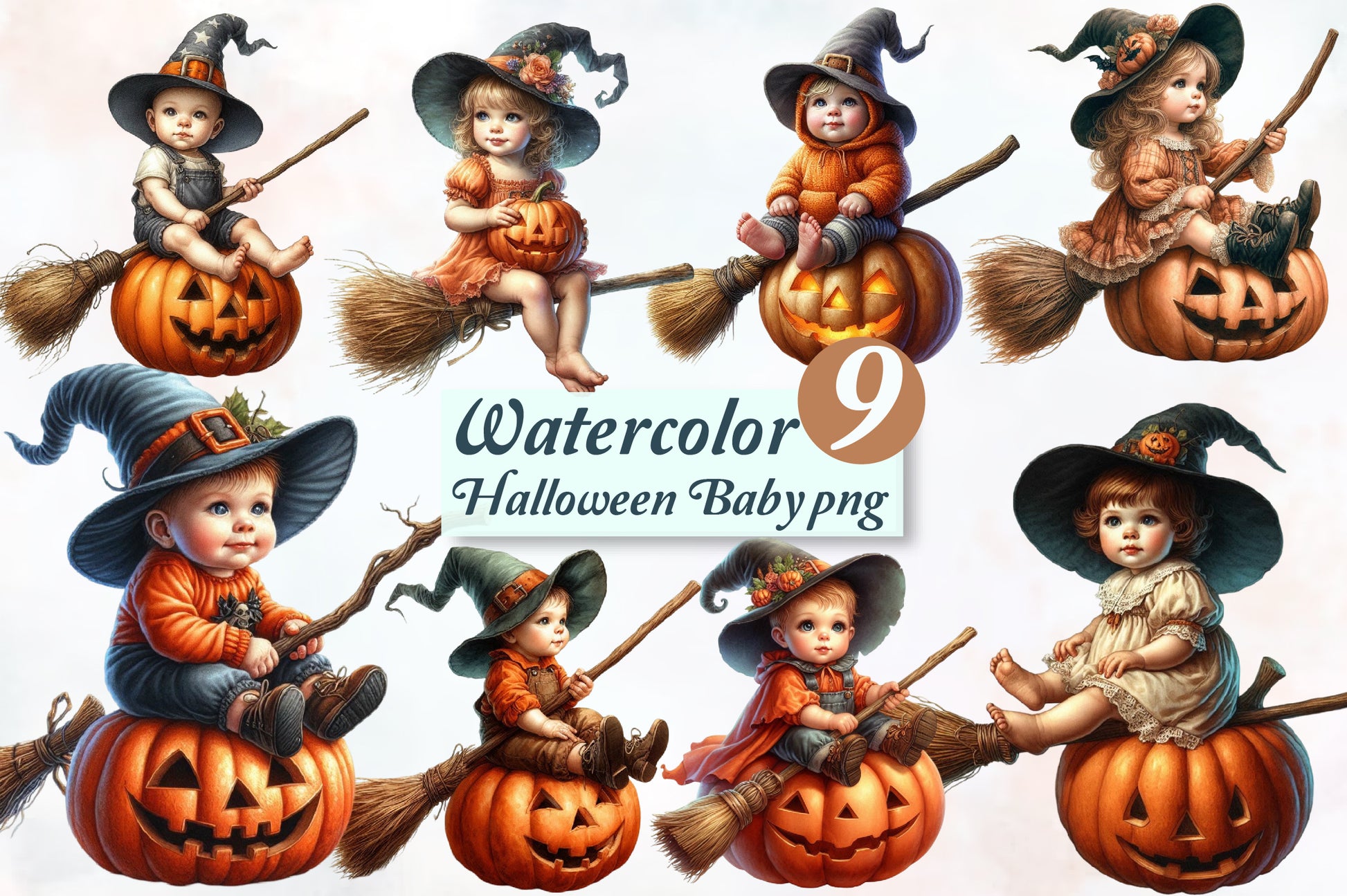 Halloween Baby PNG Bundle Cute Witch Baby Watercolor Clipart