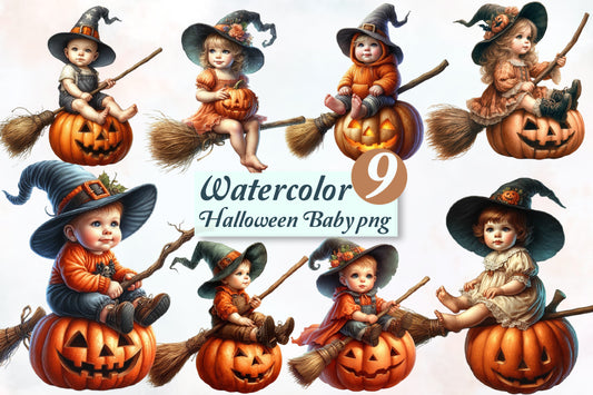 Halloween Baby PNG Bundle Cute Witch Baby Watercolor Clipart